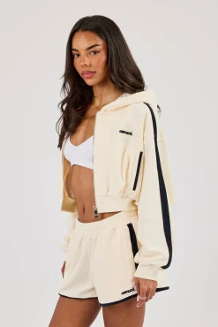 Towelling Super Crop Zip Hoodie - Off White