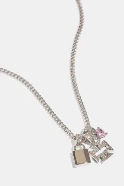 Triple Heart & Lock Pendant Necklace - 10mm - White