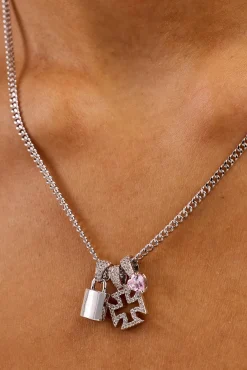 Triple Heart & Lock Pendant Necklace - 10mm - White