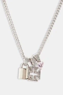 Triple Heart & Lock Pendant Necklace - 10mm - White