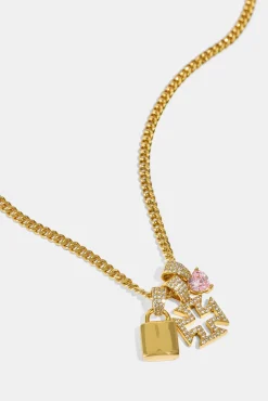 Triple Heart & Lock Pendant Necklace - 10mm - Gold