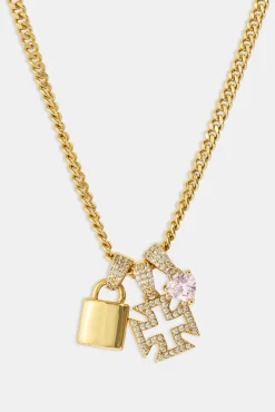 Triple Heart & Lock Pendant Necklace - 10mm - Gold