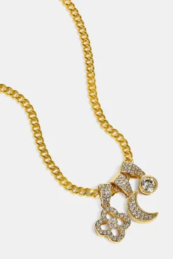Triple Motif & Moon Pendant Necklace - 10mm - Gold