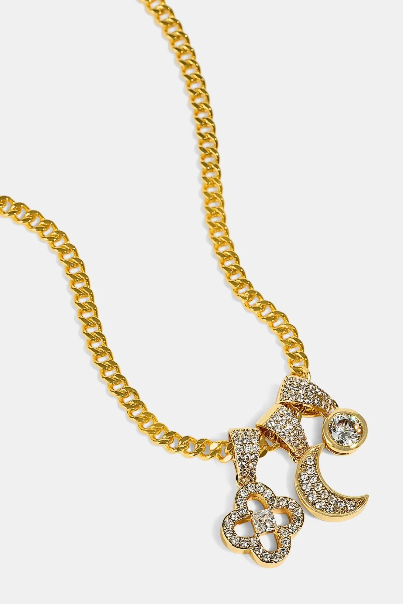 Triple Motif & Moon Pendant Necklace - 10mm - Gold