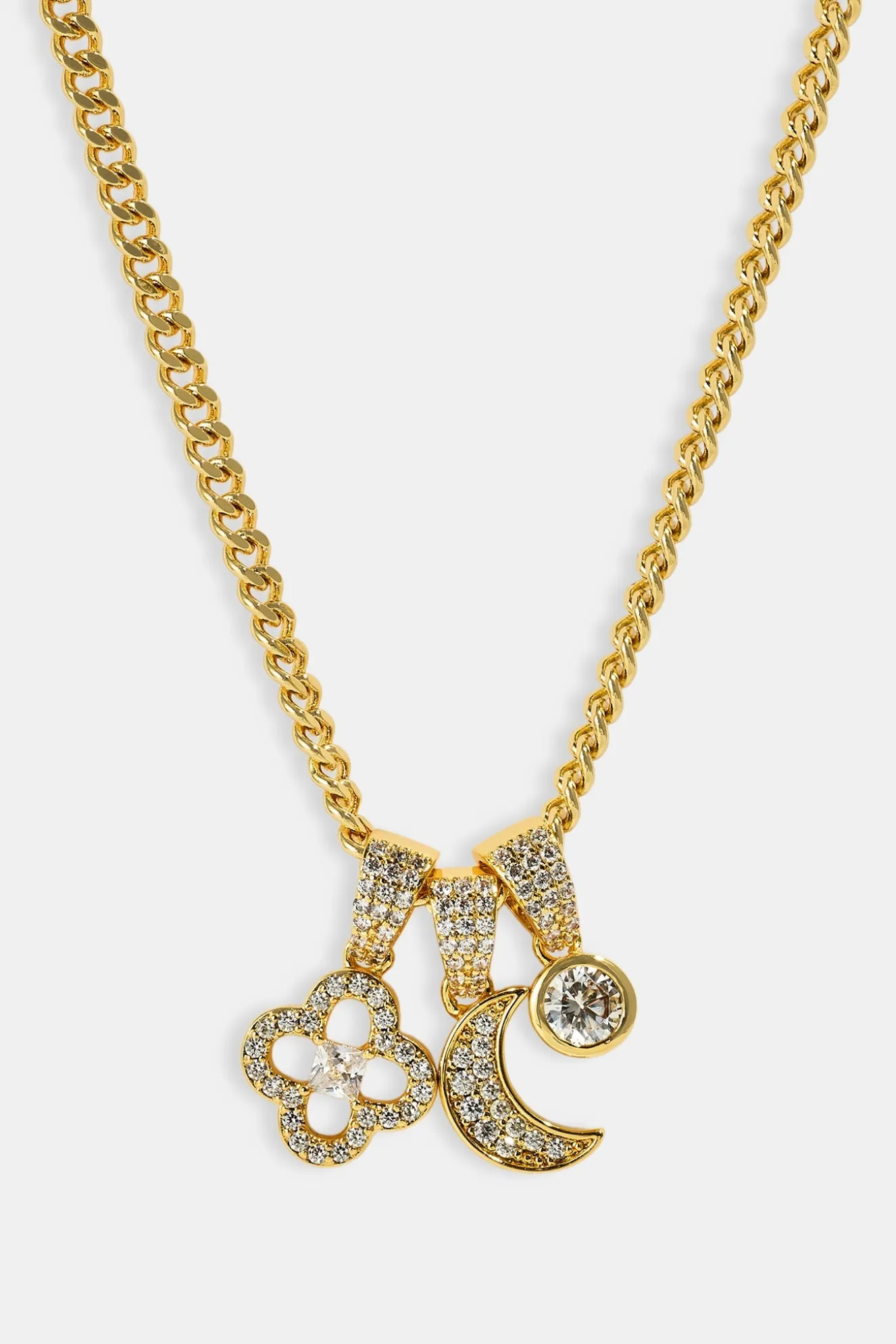 Triple Motif & Moon Pendant Necklace - 10mm - Gold
