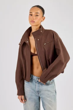 Twill Funnel Neck Jacket - Brown