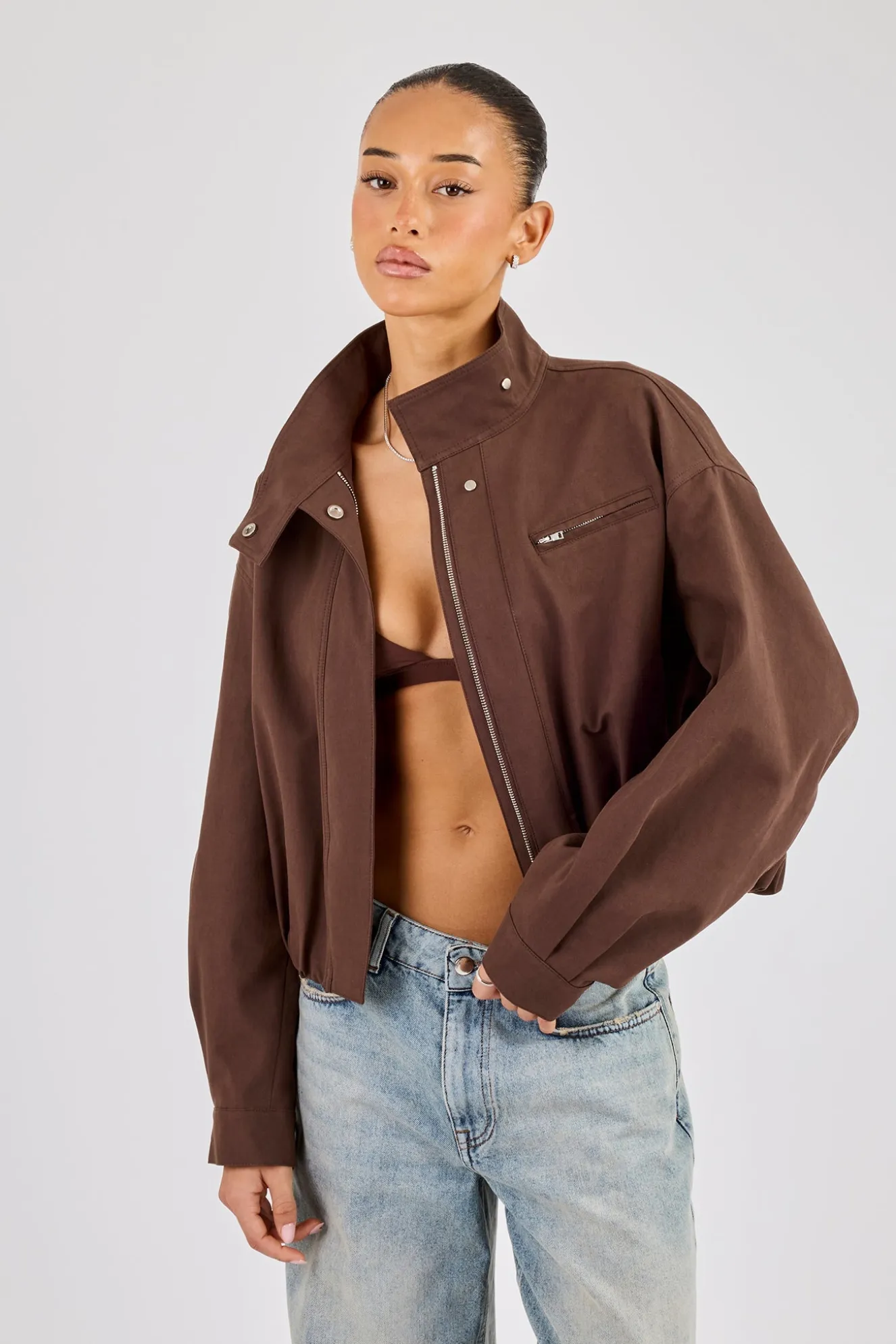 Twill Funnel Neck Jacket - Brown