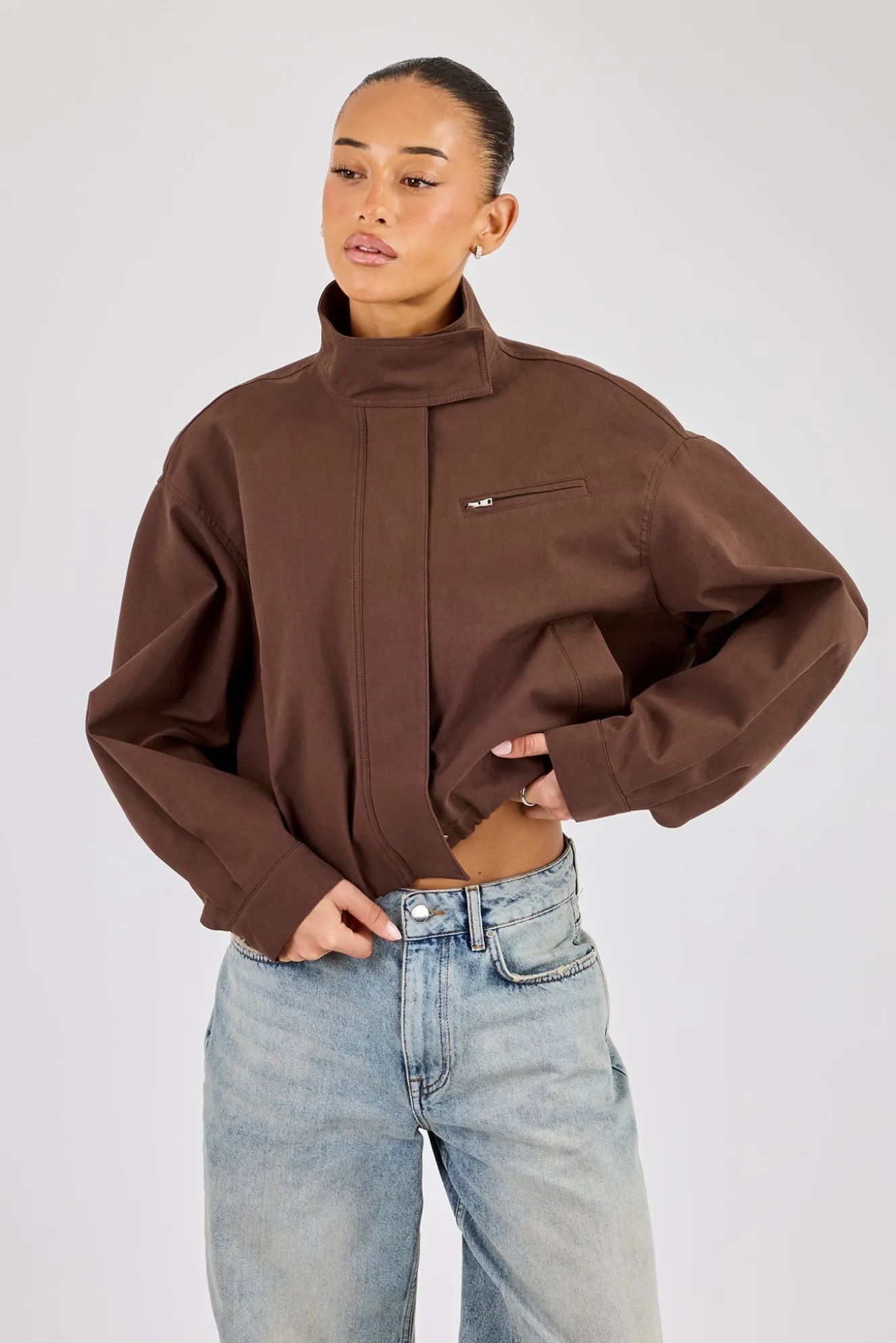 Twill Funnel Neck Jacket - Brown
