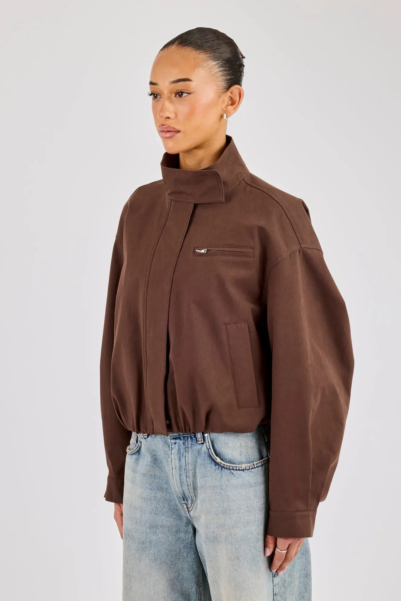Twill Funnel Neck Jacket - Brown