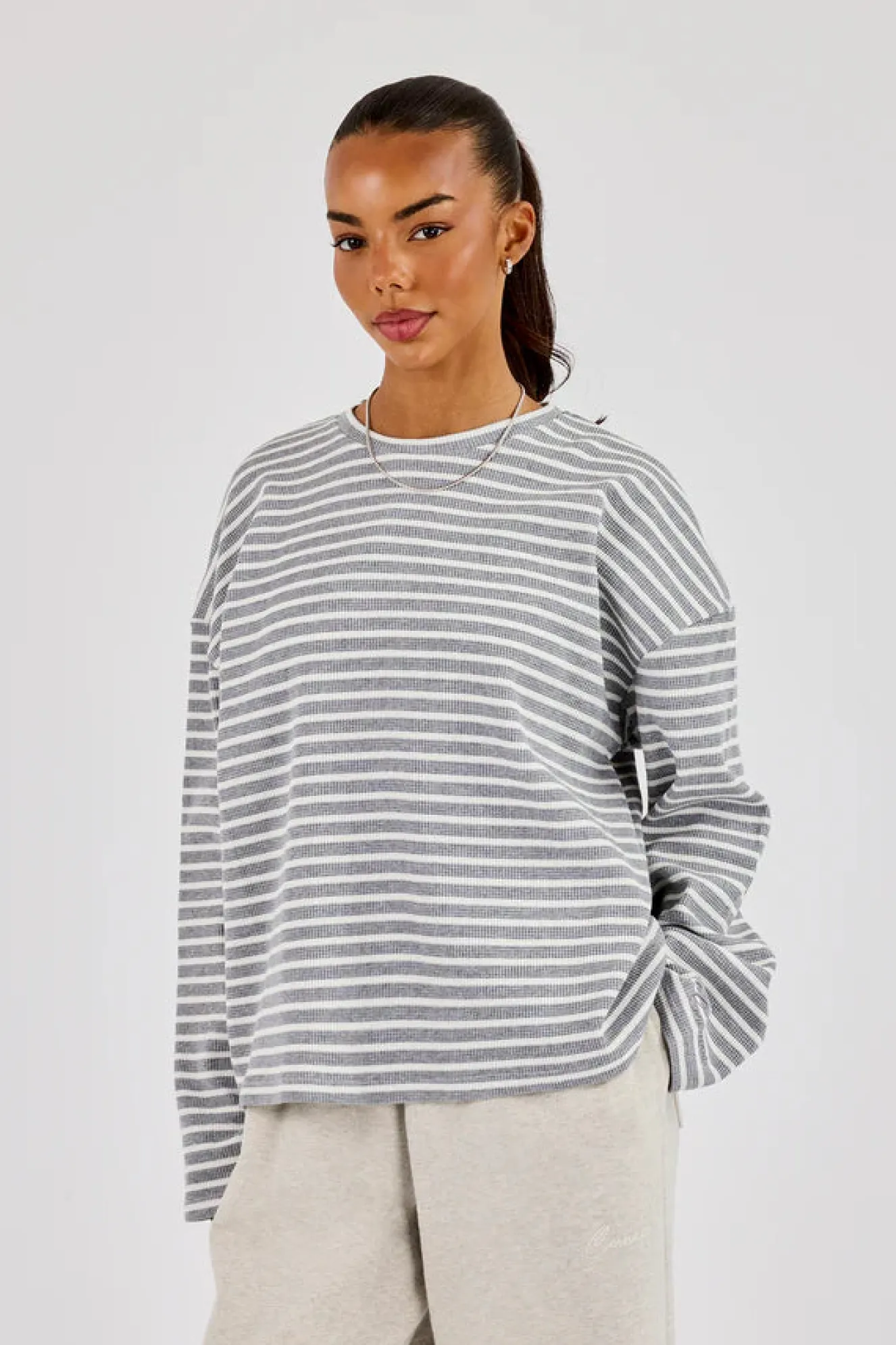 Waffle Stripe Long Sleeve T-Shirt - Grey