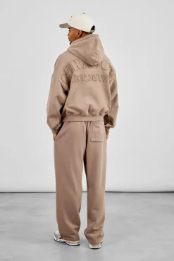 Washed Applique Embroidered Hoodie & Relaxed Jogger - Taupe