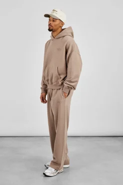 Washed Applique Embroidered Hoodie & Relaxed Jogger - Taupe