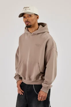 Washed Applique Embroidered Hoodie - Taupe