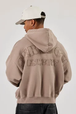 Washed Applique Embroidered Hoodie - Taupe