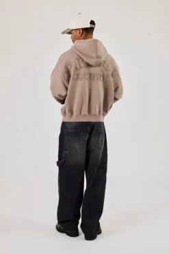 Washed Applique Embroidered Hoodie - Taupe