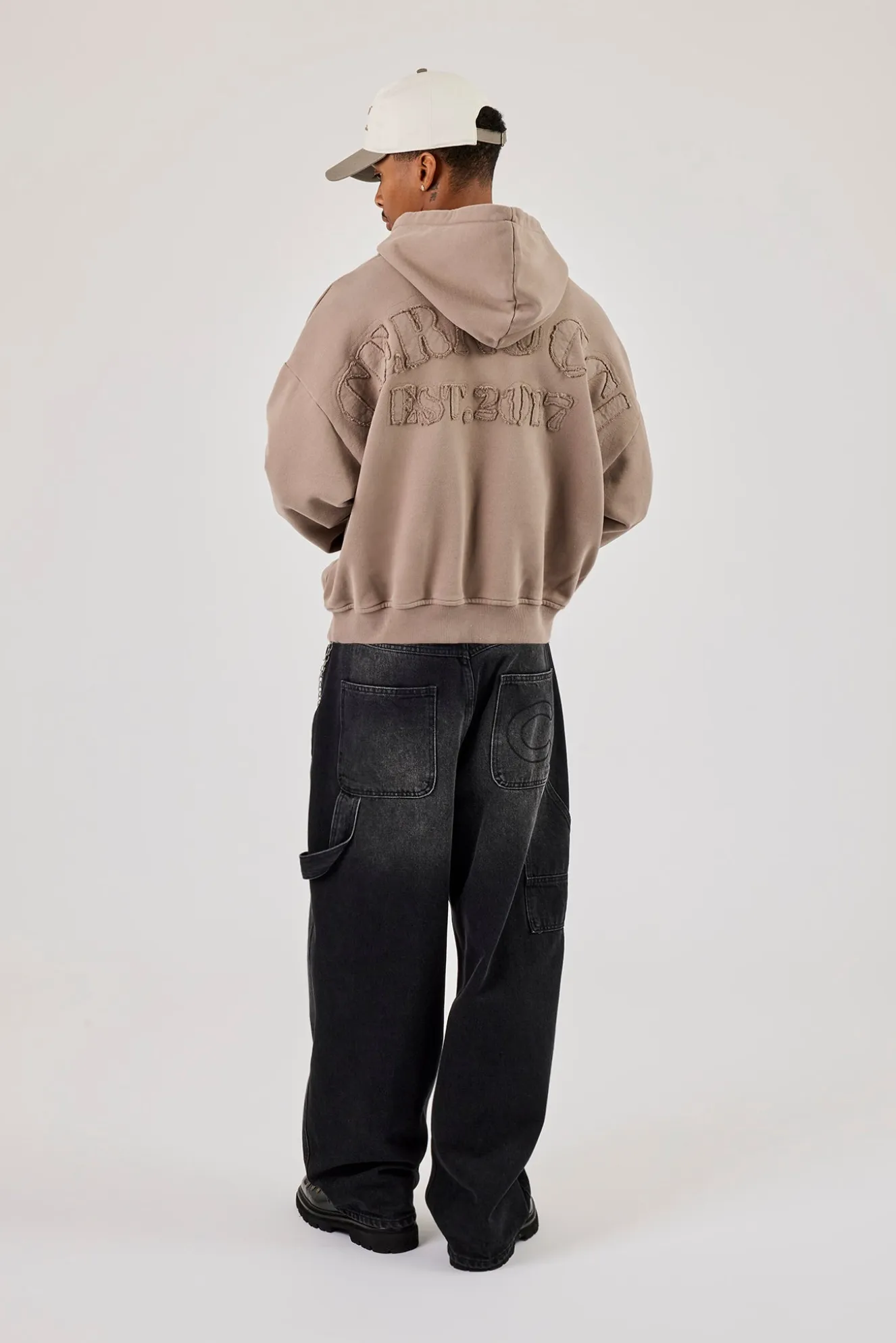 Washed Applique Embroidered Hoodie - Taupe