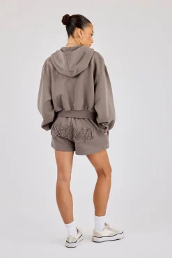 Washed Applique Logo Boxy Zip Through Hoodie & Short - Grey