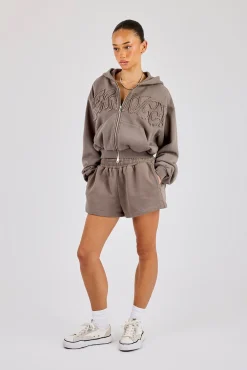 Washed Applique Logo Boxy Zip Through Hoodie & Short - Grey