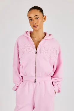Washed Applique Logo Boxy Zip Through Hoodie - Light Pink