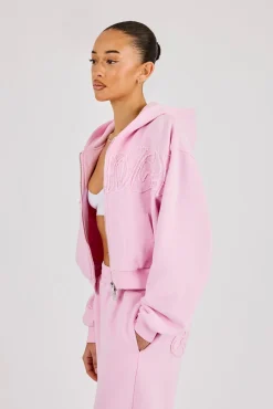 Washed Applique Logo Boxy Zip Through Hoodie - Light Pink