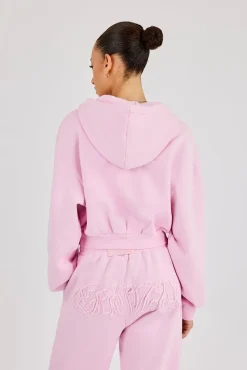 Washed Applique Logo Boxy Zip Through Hoodie - Light Pink