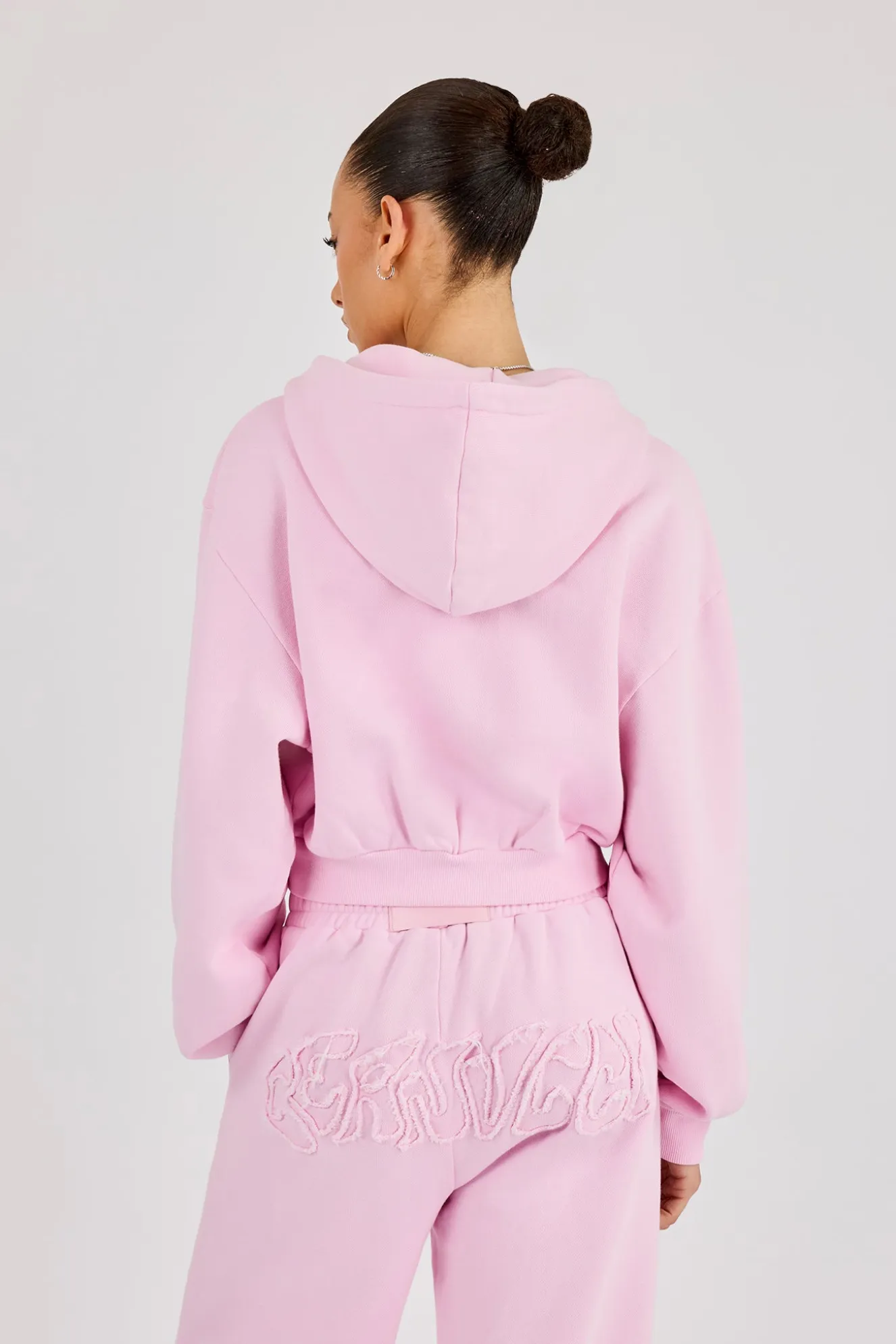 Washed Applique Logo Boxy Zip Through Hoodie - Light Pink
