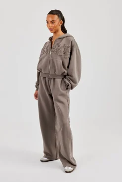 Washed Applique Logo Boxy Zip Through Hoodie & Wide Leg Jogger - Grey