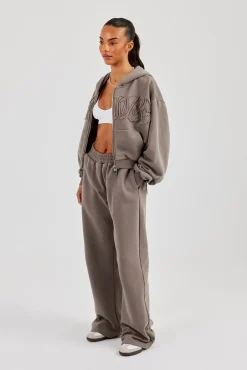 Washed Applique Logo Boxy Zip Through Hoodie & Wide Leg Jogger - Grey