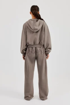 Washed Applique Logo Boxy Zip Through Hoodie & Wide Leg Jogger - Grey