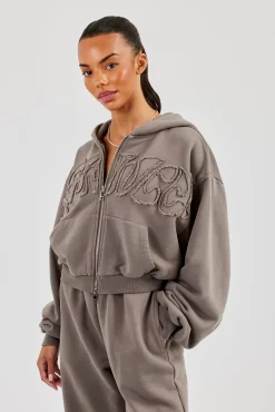 Washed Applique Logo Boxy Zip Through Hoodie - Grey