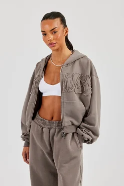 Washed Applique Logo Boxy Zip Through Hoodie - Grey