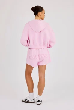 Washed Applique Logo Boxy Zip Through Hoodie & Short - Light Pink
