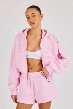 Washed Applique Logo Boxy Zip Through Hoodie & Short - Light Pink