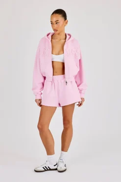 Washed Applique Logo Boxy Zip Through Hoodie & Short - Light Pink