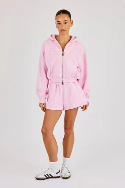 Washed Applique Logo Boxy Zip Through Hoodie & Short - Light Pink