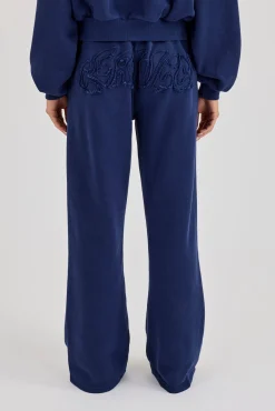 Washed Applique Logo Wide Leg Jogger - Navy