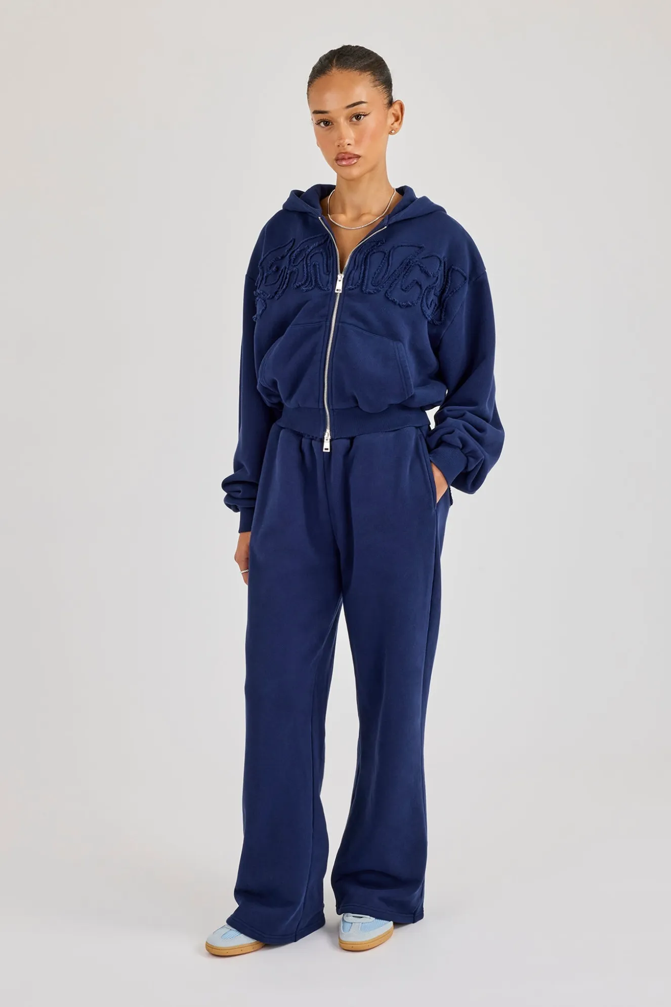 Washed Applique Logo Wide Leg Jogger - Navy
