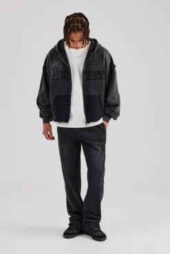 Washed Applique Zip Through Boxy Hoodie - Acid Wash