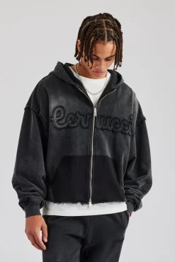 Washed Applique Zip Through Boxy Hoodie - Acid Wash