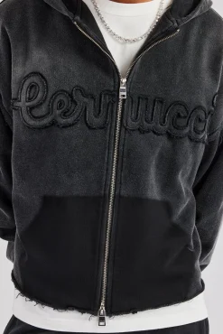 Washed Applique Zip Through Boxy Hoodie - Acid Wash