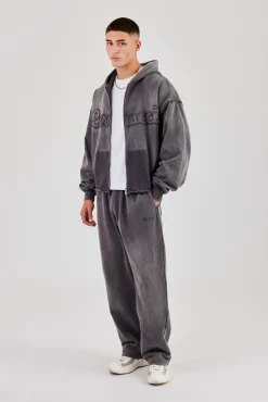 Washed Applique Zip Through Hoodie & Relaxed Jogger - Grey