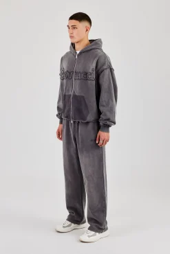 Washed Applique Zip Through Hoodie & Relaxed Jogger - Grey