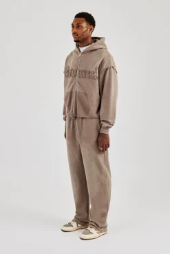 Washed Applique Zip Through Hoodie & Relaxed Jogger - Brown
