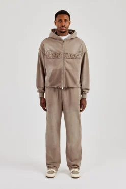 Washed Applique Zip Through Hoodie & Relaxed Jogger - Brown