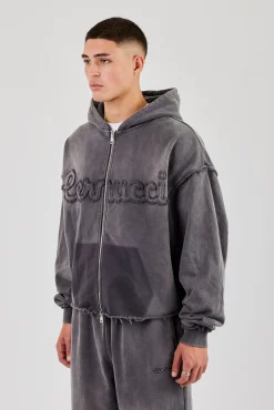 Washed Applique Zip Through Hoodie - Grey