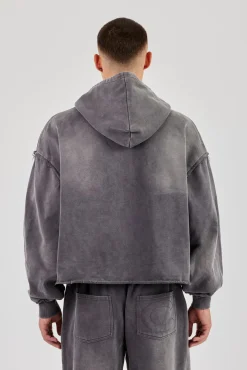 Washed Applique Zip Through Hoodie - Grey