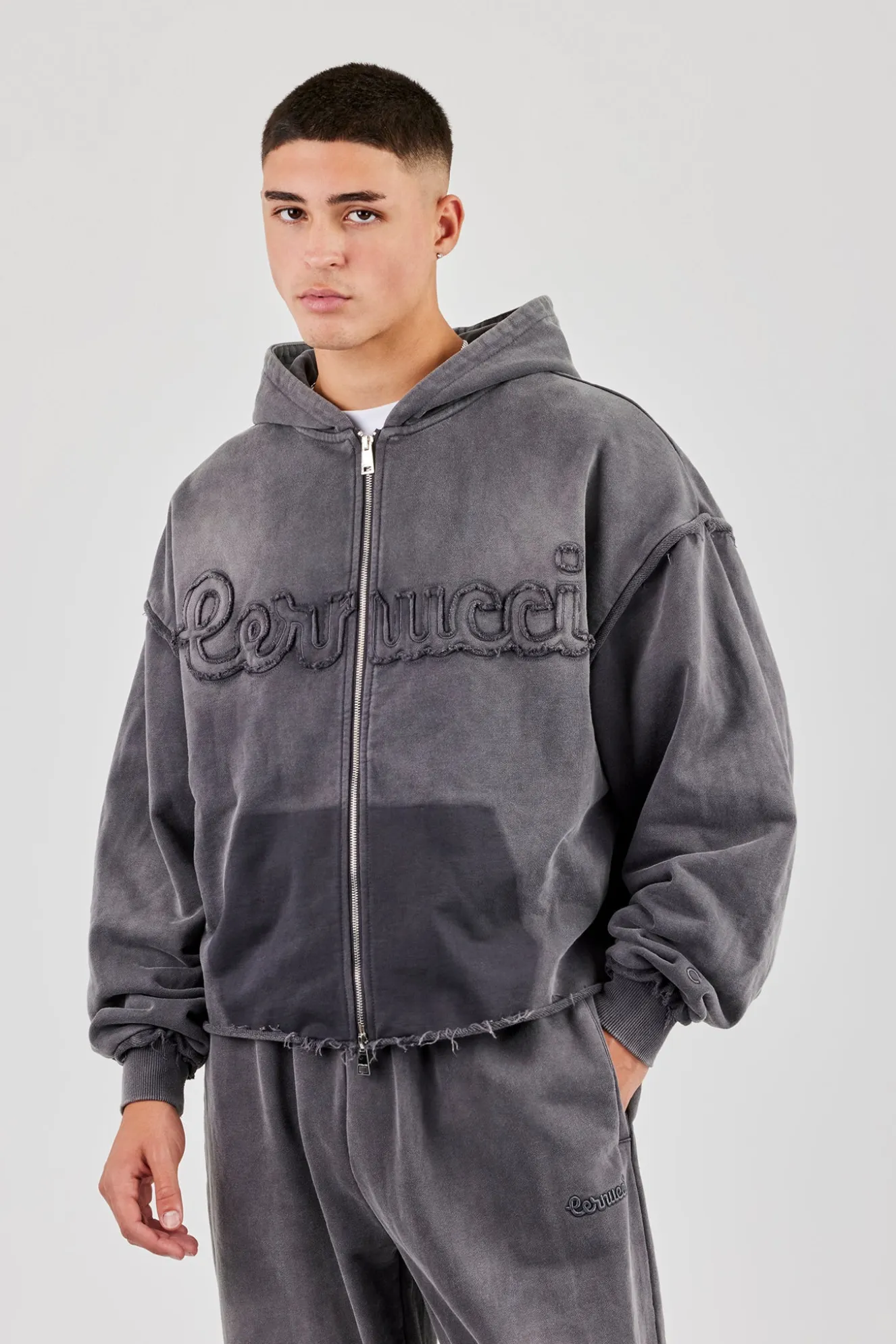 Washed Applique Zip Through Hoodie - Grey