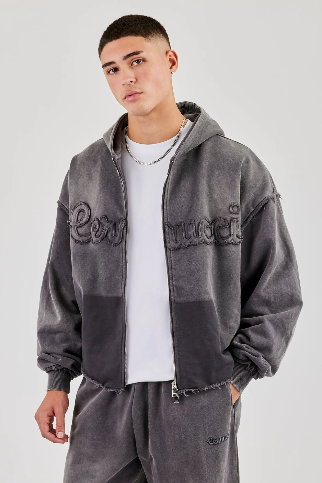 Washed Applique Zip Through Hoodie - Grey