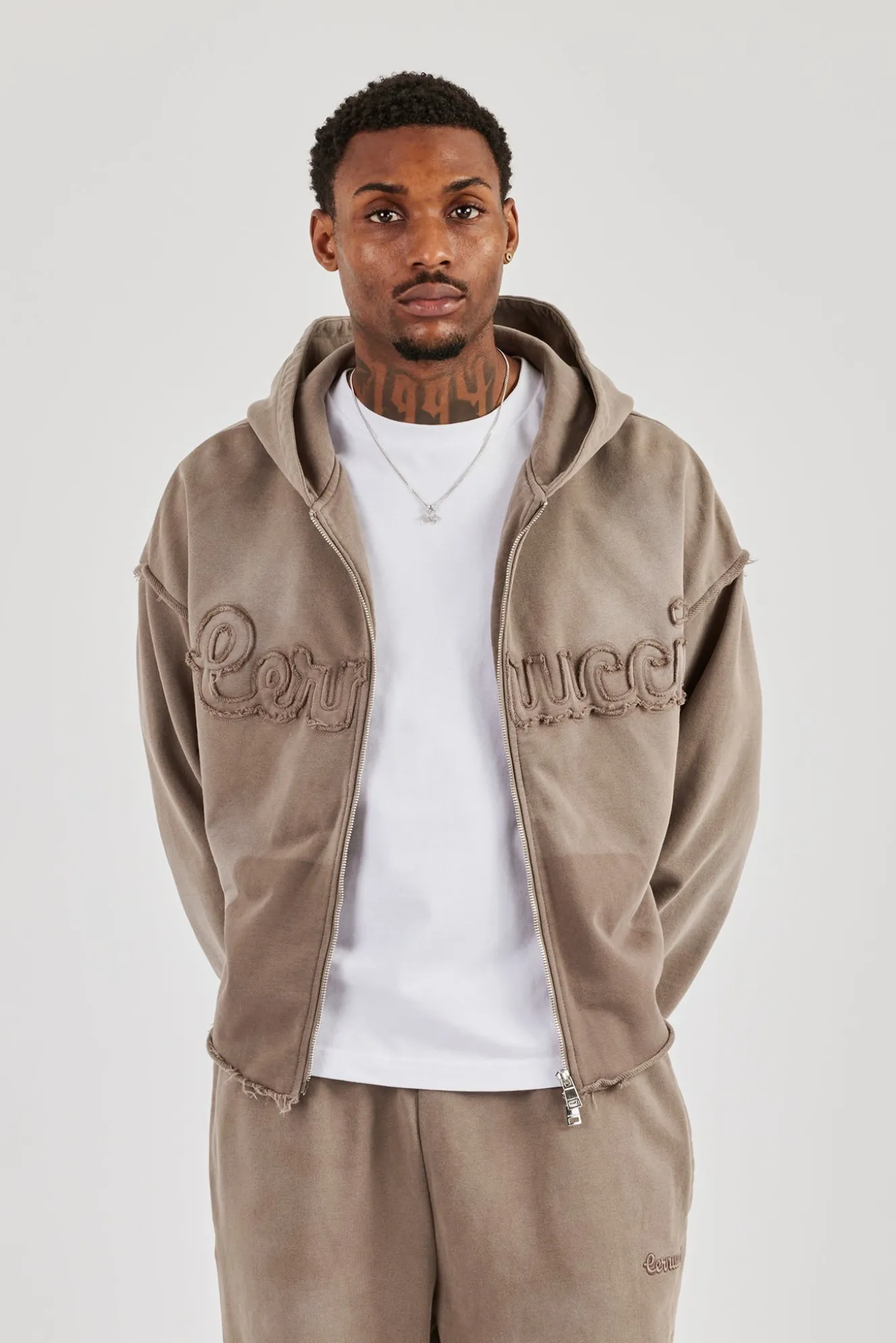 Washed Applique Zip Through Hoodie - Brown