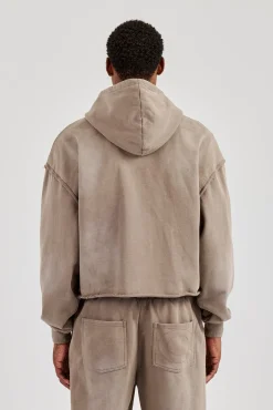Washed Applique Zip Through Hoodie - Brown